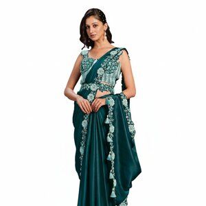 Exquisite Semi Ready-to-Wear Teal Saree in Crape Satin Silk with Floral Embroide